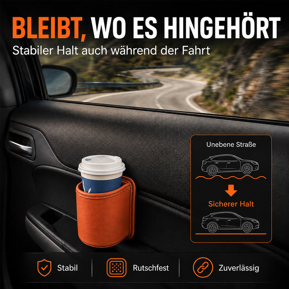 🥳HEISSER VERKAUF 2026🥳💞ÜBER 50.000 VERKAUFT!🚗🧺Getränkehalter aus Leder für die Autotür – Breite Öffnung, Getränke und Handy sind leicht zu erreichen. Sicherer Halt durch Clip-Befestigung. PU-Leder, robust und stilvoll. 🛡️✨
