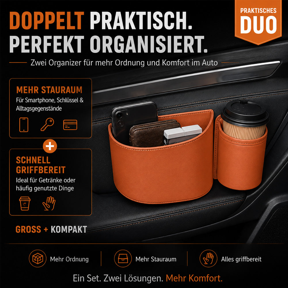 🥳HEISSER VERKAUF 2026🥳💞ÜBER 50.000 VERKAUFT!🚗🧺Getränkehalter aus Leder für die Autotür – Breite Öffnung, Getränke und Handy sind leicht zu erreichen. Sicherer Halt durch Clip-Befestigung. PU-Leder, robust und stilvoll. 🛡️✨