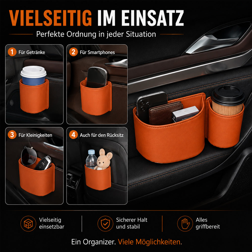 🥳HEISSER VERKAUF 2026🥳💞ÜBER 50.000 VERKAUFT!🚗🧺Getränkehalter aus Leder für die Autotür – Breite Öffnung, Getränke und Handy sind leicht zu erreichen. Sicherer Halt durch Clip-Befestigung. PU-Leder, robust und stilvoll. 🛡️✨