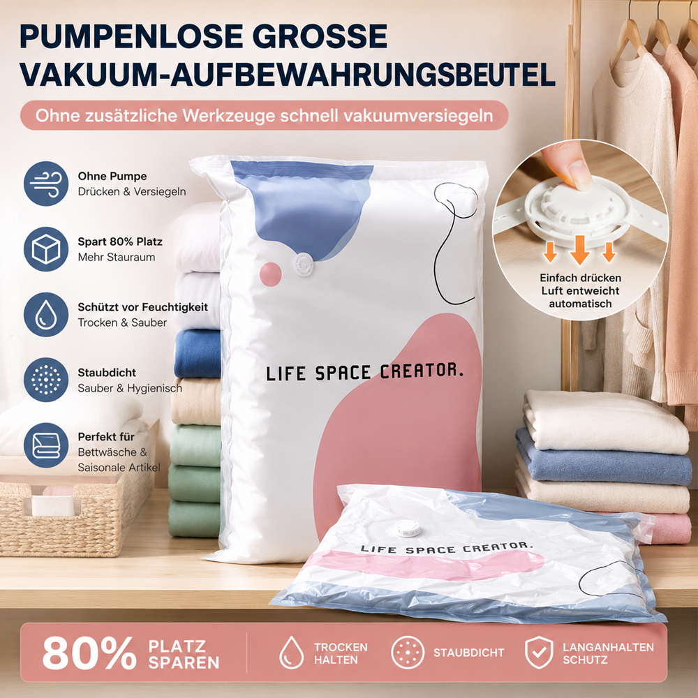 60 % Rabatt🧳💨 50 % Rabatt! Vakuum-Aufbewahrungsbeutel ohne Pumpe – Drücken und versiegeln, keine Pumpe erforderlich. Spart 80 % Platz, hält Kleidung trocken und staubfrei. Ideal für voluminöse Bettwäsche und saisonale Ausrüstung. 🛏️🗄️