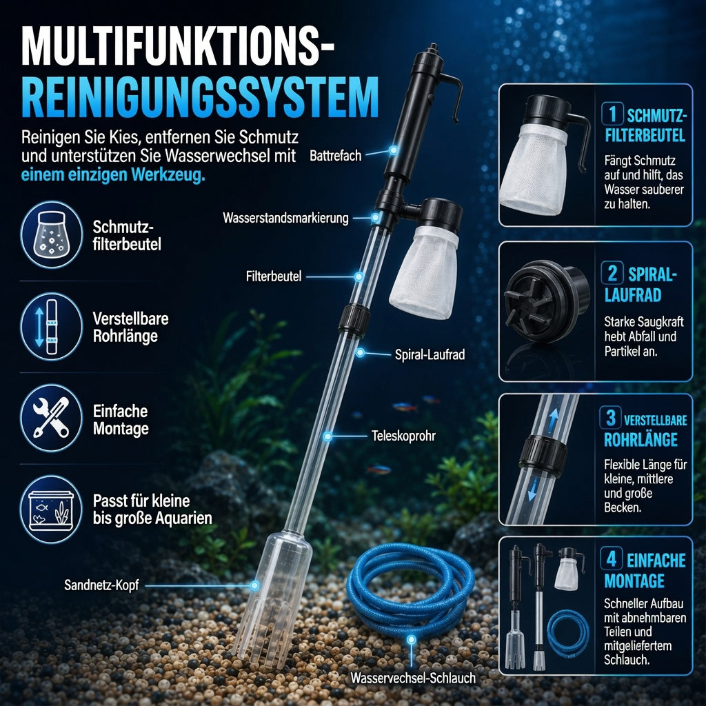 Elektrischer Aquarienkiesreiniger – Automatischer Mulmabsauger, wiederaufladbar & wasserdicht – Perfekt für sauberes Aquarium ohne Wasserwechselstress ✨