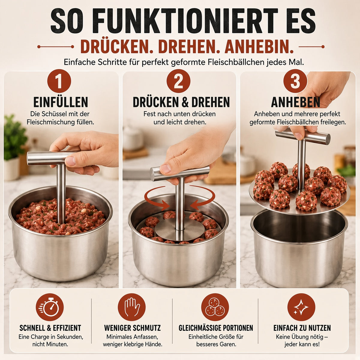 📢📢 50 % Rabatt !! ⏰🍡 Fleischbällchen‑Maker aus lebensmittelechtem Edelstahl für die Küche upsell