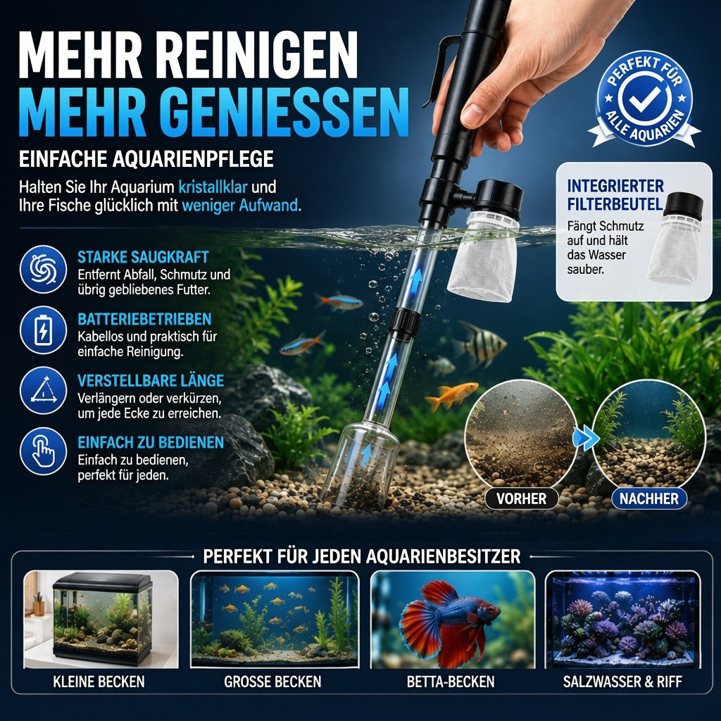 Elektrischer Aquarienkiesreiniger – Automatischer Mulmabsauger, wiederaufladbar & wasserdicht – Perfekt für sauberes Aquarium ohne Wasserwechselstress ✨
