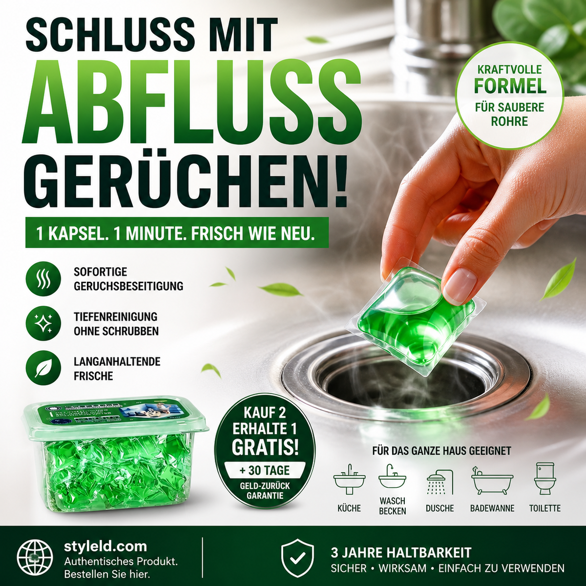 Abfluss‑Deodorant‑Tabs – Bio‑Enzym‑Formel neutralisiert Gerüche direkt an der Quelle. Sofortiger Frischeduft, ohne aggressive Chemikalien. Verabschieden Sie sich von unangenehmen Gerüchen. 🚰✅