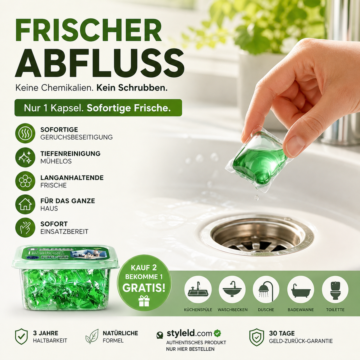 Abfluss‑Deodorant‑Tabs – Bio‑Enzym‑Formel neutralisiert Gerüche direkt an der Quelle. Sofortiger Frischeduft, ohne aggressive Chemikalien. Verabschieden Sie sich von unangenehmen Gerüchen. 🚰✅