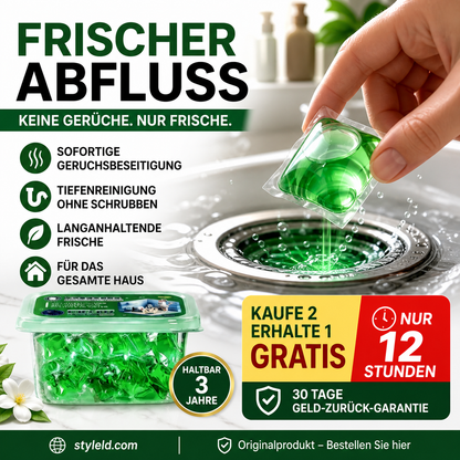 Abfluss‑Deodorant‑Tabs – Bio‑Enzym‑Formel neutralisiert Gerüche direkt an der Quelle. Sofortiger Frischeduft, ohne aggressive Chemikalien. Verabschieden Sie sich von unangenehmen Gerüchen. 🚰✅